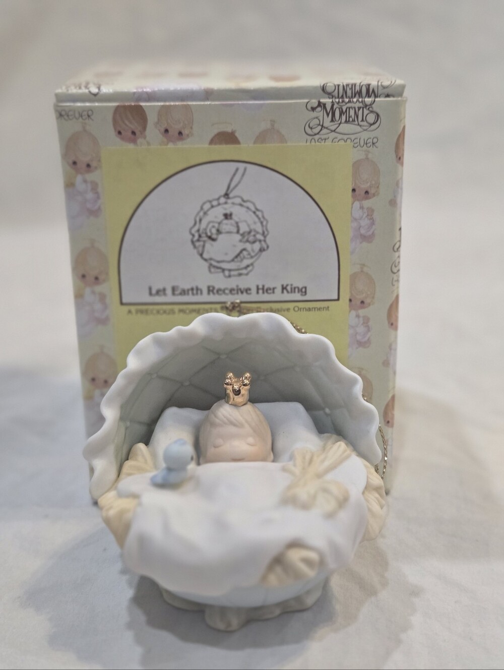 Precious Moments Cream and Gold Nativity Baby Ornament with Blue Accent